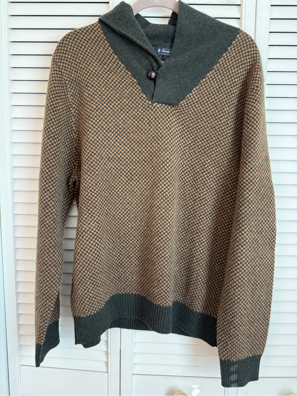 Brooks Brothers Mens Scottish Lambswool Sweater Large Brown Houndstooth Academia